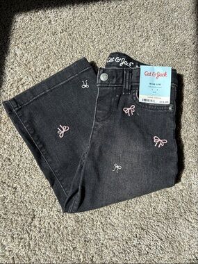 Cat & Jack Black Wide Leg Jeans with Pink Bow Embroidery 3T NWT